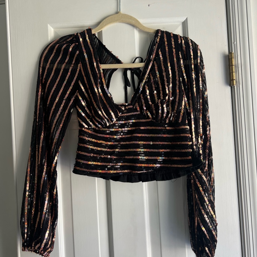 Striped Sequin Long Sleeve Crop Top
